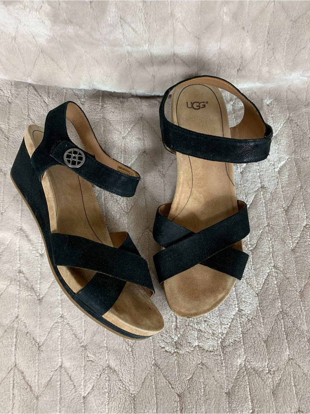 Women's Ugg Black Veva Leather Low Wedge Ankle Strap Open Toe Sandals Size 10